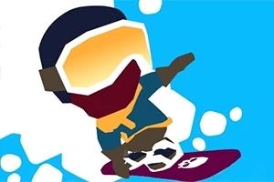Barevná animovaná postava na snowboardu s oranžovými brýlemi, předvádějící trik na modrém pozadí