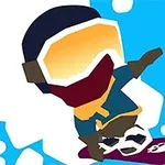 Barevná animovaná postava na snowboardu s oranžovými brýlemi, předvádějící trik na modrém pozadí