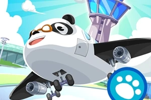 Panda letadlo s brýlemi na pozadí letiště a jasné oblohy