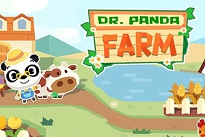 Pandí postavička s kloboukem a brýlemi stojí na farmě vedle krávy, na pozadí je rybník a pole s obilím