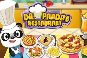 Panda v kuchařském oblečení s různými pokrmy na stole, jako je pizza, koláč a těstoviny