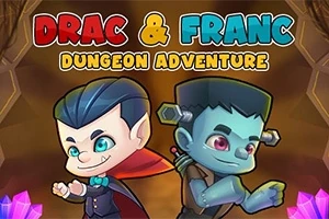 Kreslené postavy upíra a monstra s nápisem Drac & Franc Dungeon Adventure na pozadí barevných krystalů