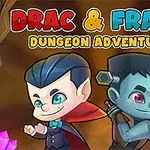 Kreslené postavy upíra a monstra s nápisem Drac & Franc Dungeon Adventure na pozadí barevných krystalů