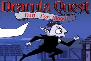 Karikatura Drákuly běžícího v noci přes vesnici s názvem Dracula Quest: Run For Blood nahoře