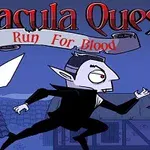 Karikatura Drákuly běžícího v noci přes vesnici s názvem Dracula Quest: Run For Blood nahoře