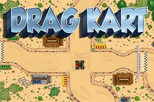 Top-down pohled na závodní dráhu v písečné krajině s nápisem DRAG KART nahoře