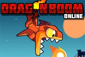Červený kreslený drak plivecí oheň s nadpisem DRAGON BOOM ONLINE na obloze s vycházejícím sluncem
