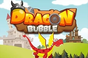 Název Dragon Bubble v barevném písmu s vikingskou helmou a štítem na pozadí s hradem a usměvavým červeným drakem