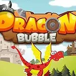 Název Dragon Bubble v barevném písmu s vikingskou helmou a štítem na pozadí s hradem a usměvavým červeným drakem