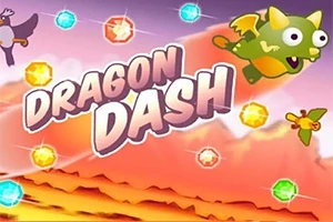 Barevná kreslená scéna s kresleným drakem, létajícími drahokamy a nápisem DRAGON DASH na pozadí oblohy