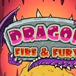 Barevné logo s nápisem Dragon Fire & Fury s dračími křídly a drápy