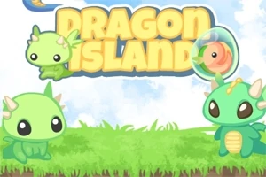 Roztomilí zelení dráčci na trávě s nápisem Dragon Island v pozadí
