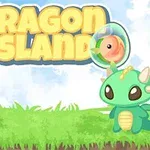 Roztomilí zelení dráčci na trávě s nápisem Dragon Island v pozadí