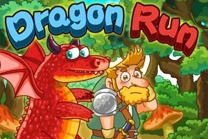 Červený drak s křídly a vousatý muž v lese, s nápisem Dragon Run nahoře