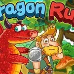 Červený drak s křídly a vousatý muž v lese, s nápisem Dragon Run nahoře