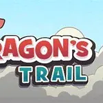 Červený kreslený drak sedící na věži nad nápisem „Dragons Trail“ v oblacích