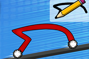 Červený nakreslený mechanismus s koly na modrém pozadí s ilustrací tužky v rohu