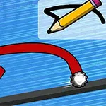 Červený nakreslený mechanismus s koly na modrém pozadí s ilustrací tužky v rohu