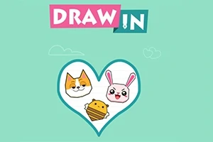 Srdce s ilustracemi kočky, králíka a medvěda na zeleném pozadí s nápisem Draw In
