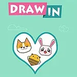Srdce s ilustracemi kočky, králíka a medvěda na zeleném pozadí s nápisem Draw In