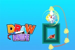 Barevné logo s názvem DRAW KNIFE vedle herního prvku s otáčejícím se nožem uvnitř zeleného rámu na modrém pozadí
