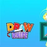 Barevné logo s názvem DRAW KNIFE vedle herního prvku s otáčejícím se nožem uvnitř zeleného rámu na modrém pozadí