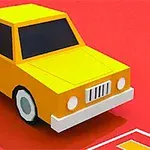 Žluté stylizované auto na červeném pozadí s výraznými černými okny a bílými světly