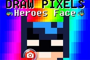 Barevný pixelový obrázek s černou maskou připomínající superhrdinu, s barevným nápisem Draw Pixels nahoře