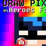 Barevný pixelový obrázek s černou maskou připomínající superhrdinu, s barevným nápisem Draw Pixels nahoře