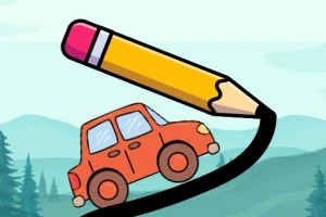 Oranžové auto je na černé čáře, kterou kreslí velká žlutá tužka, na pozadí jsou stromy a hory
