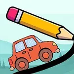 Oranžové auto je na černé čáře, kterou kreslí velká žlutá tužka, na pozadí jsou stromy a hory