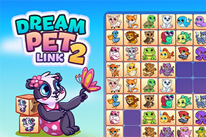 Kreslená panda s motýlem vedle hrací plochy s barevnými zvířecími ikonami a nápisem „Dream Pet Link 2“
