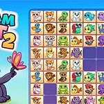 Kreslená panda s motýlem vedle hrací plochy s barevnými zvířecími ikonami a nápisem „Dream Pet Link 2“
