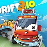 Barevný obrázek s kresleným červeným nákladním autem a žlutým klasickým autem s výraznými obličeji driftujícími na silnici