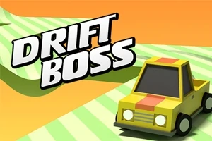 Žluté hranaté auto s oranžovým pruhem na dráze se zelenobílým vzorem a nápis Drift Boss