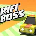 Žluté hranaté auto s oranžovým pruhem na dráze se zelenobílým vzorem a nápis Drift Boss