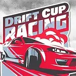 Červené auto driftující s kouřem v pozadí a nápisem DRIFT CUP RACING