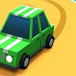 Zelené auto s bílými pruhy na kreslené cestě