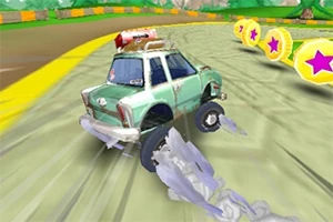 Auto s modrozelenými tóny driftuje na závodní dráze vedle žlutých mincí se symboly růžových hvězdiček