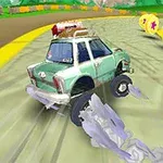Auto s modrozelenými tóny driftuje na závodní dráze vedle žlutých mincí se symboly růžových hvězdiček
