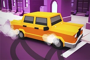 Žluté auto driftuje na fialové ulici s kouřem vycházejícím z pneumatik