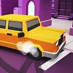 Žluté auto driftuje na fialové ulici s kouřem vycházejícím z pneumatik