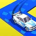 Bílý modře zdobený vůz driftuje po modré dráze na žlutém pozadí