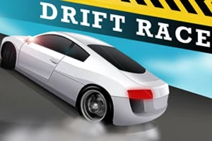 Bílý sportovní automobil driftuje na závodní trati s nápisem DRIFT RACE v pozadí