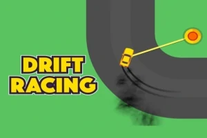 Žluté auto na závodní dráze v driftu, s kouřem za kolami a textem DRIFT RACING na zeleném pozadí