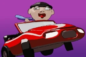 Muž s kloboukem řídí červené auto na fialovém pozadí