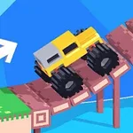 Žluté terénní auto na kostkované cestě s velkými pneumatikami a šipkou naznačující směr pohybu