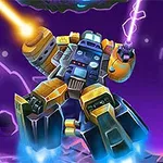 Robot ve futuristickém brnění střílející laser z levé ruky na fialovém kosmickém pozadí