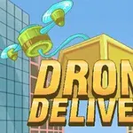 Dron nesoucí balík mezi vysokými budovami s nápisem Drone Delivery