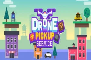 Barevná ilustrace s nápisem Drone Pickup Service zobrazující dron a město s budovami, stromy a auty